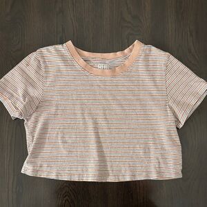 BDG Urban Outfitters Striped Boxy Cropped Shirt Tan Navy White Sz S 100% Cotton